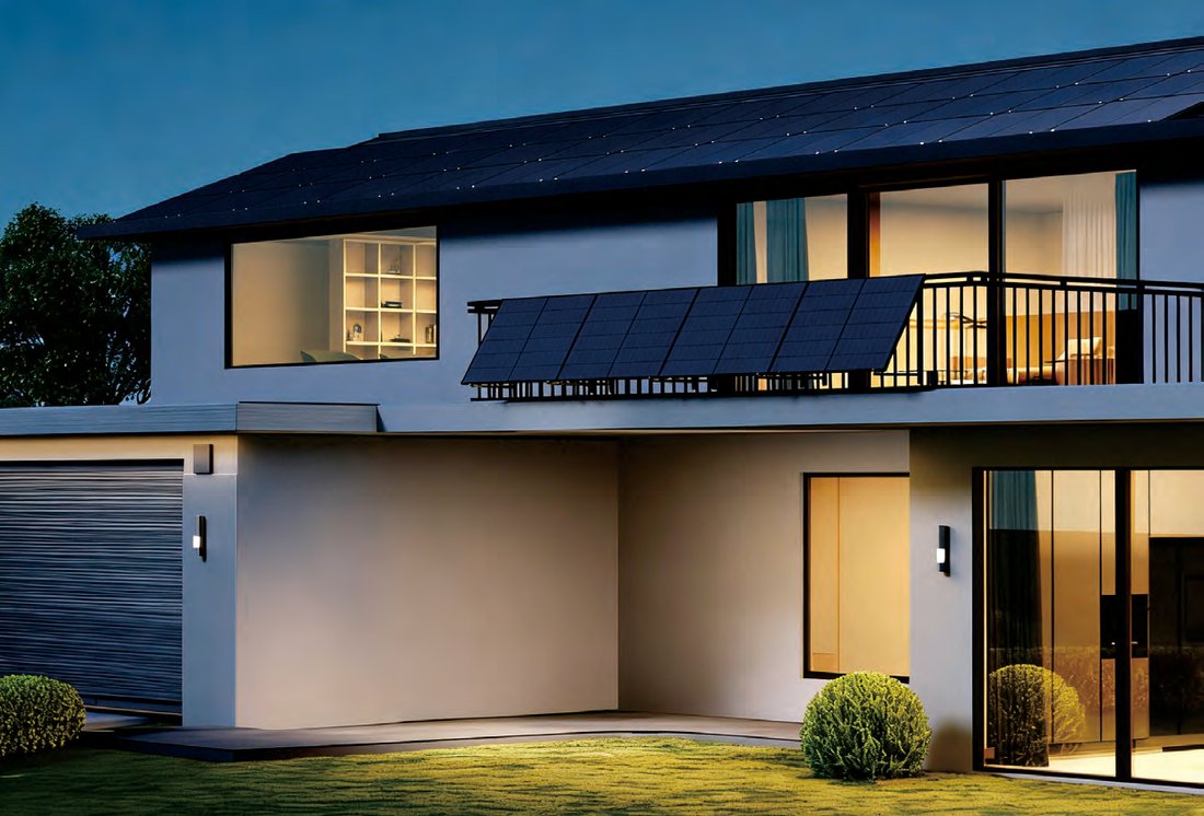 Modern home with wall-mounted solar battery at dusk